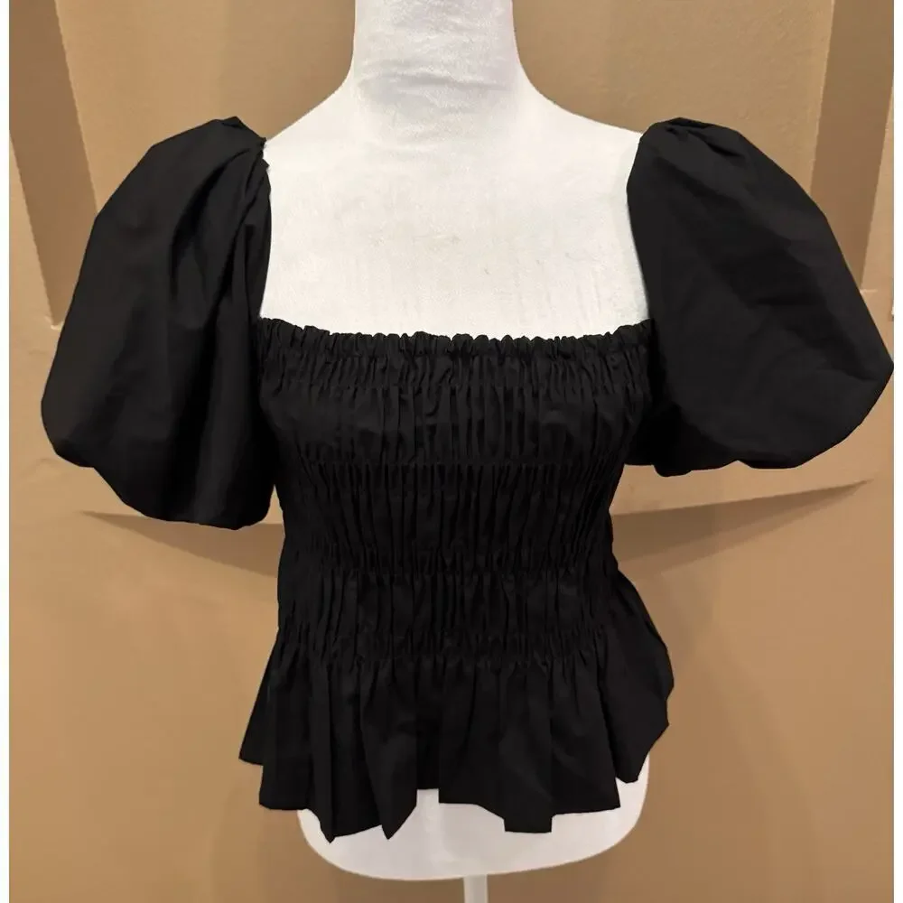 Astr The Label Savina Top Black Smocked Bubble Puff Sleeves Peplum Coquette Sz S